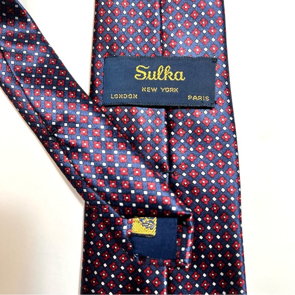 SULKA 100% Silk Red White Blue Pattern Tie - Picture 5 of 9